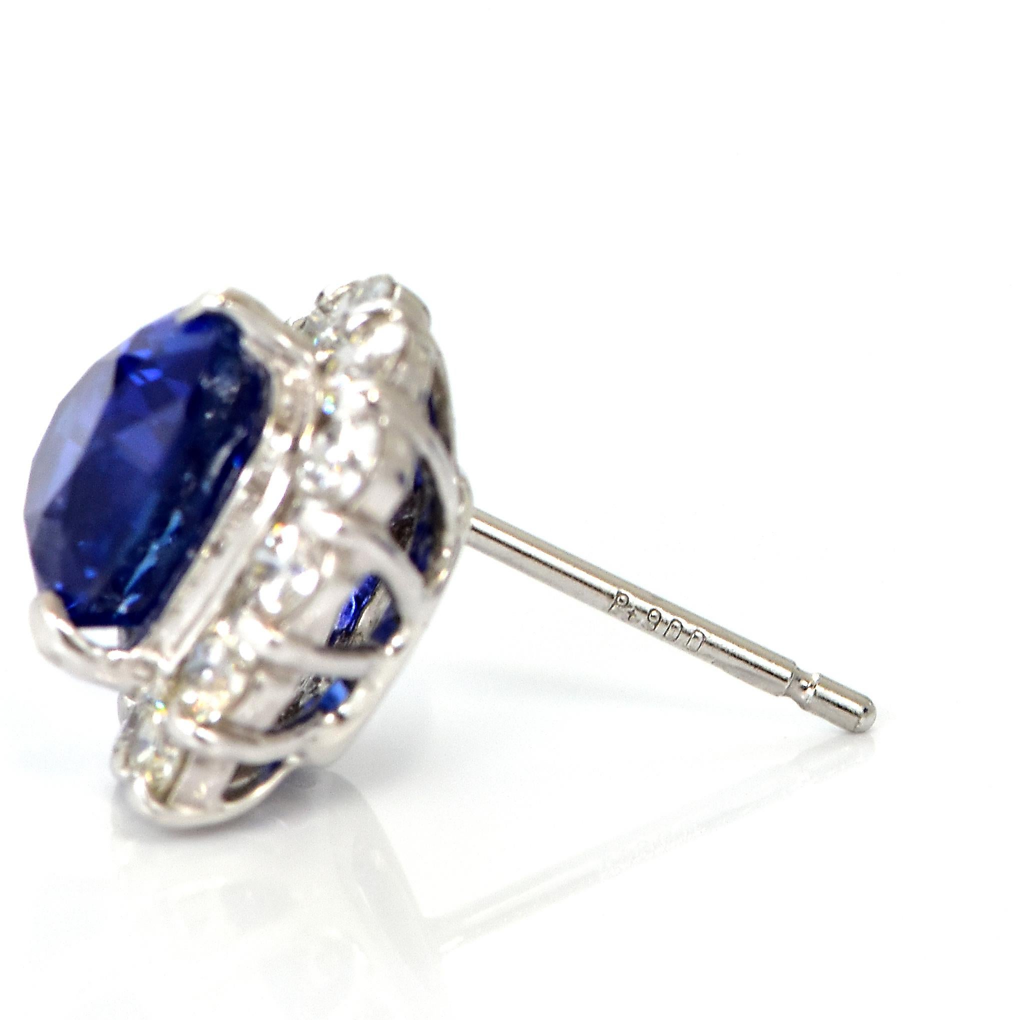 Modern 4.38 Carats, Heart-Cut Royal Blue Sapphire and Diamond Earrings made in Platinum
