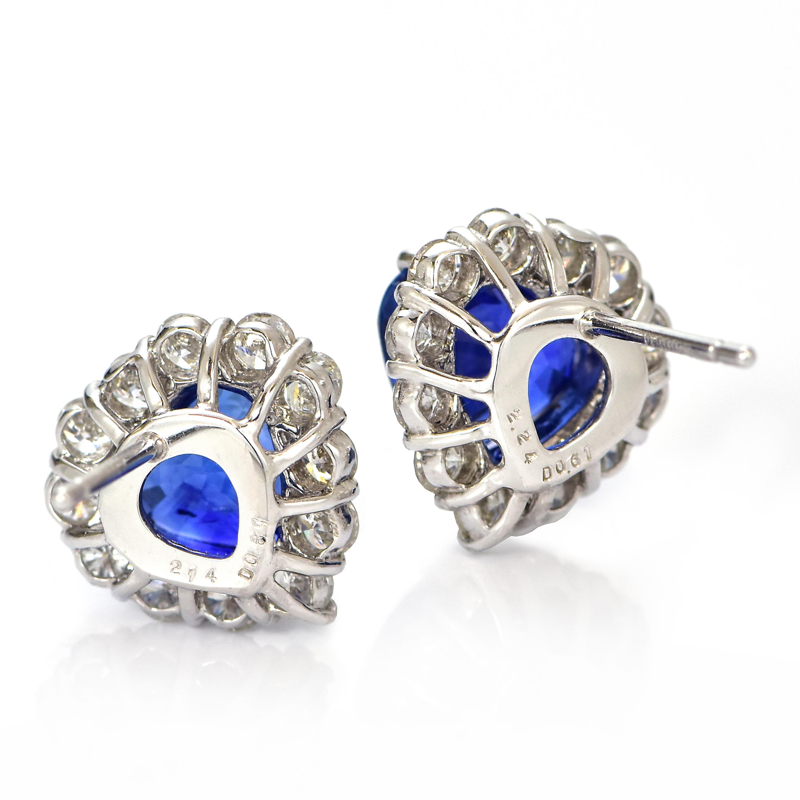 Women's 4.38 Carats, Heart-Cut Royal Blue Sapphire and Diamond Earrings made in Platinum