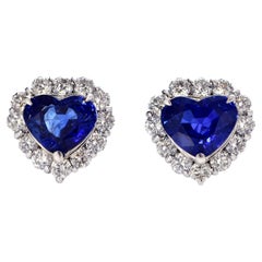 4.38 Carats, Heart-Cut Royal Blue Sapphire and Diamond Earrings made in Platinum