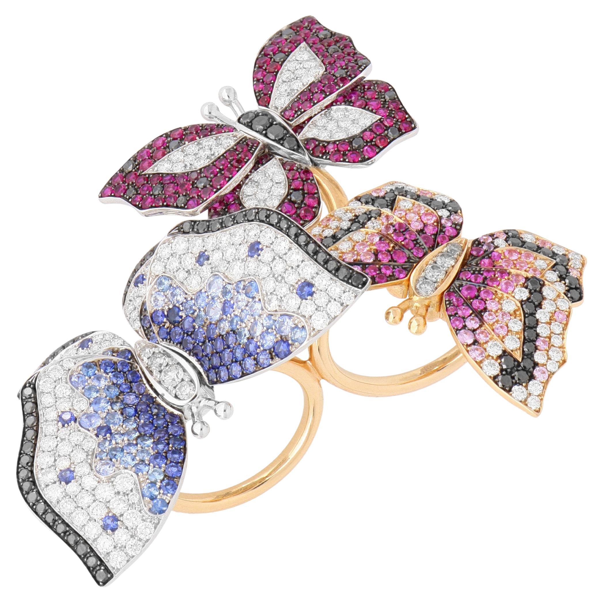 4.38 Ct Diamond Butterflies Bypass Ring with Rubies and Sapphires in 18kt Gold For Sale