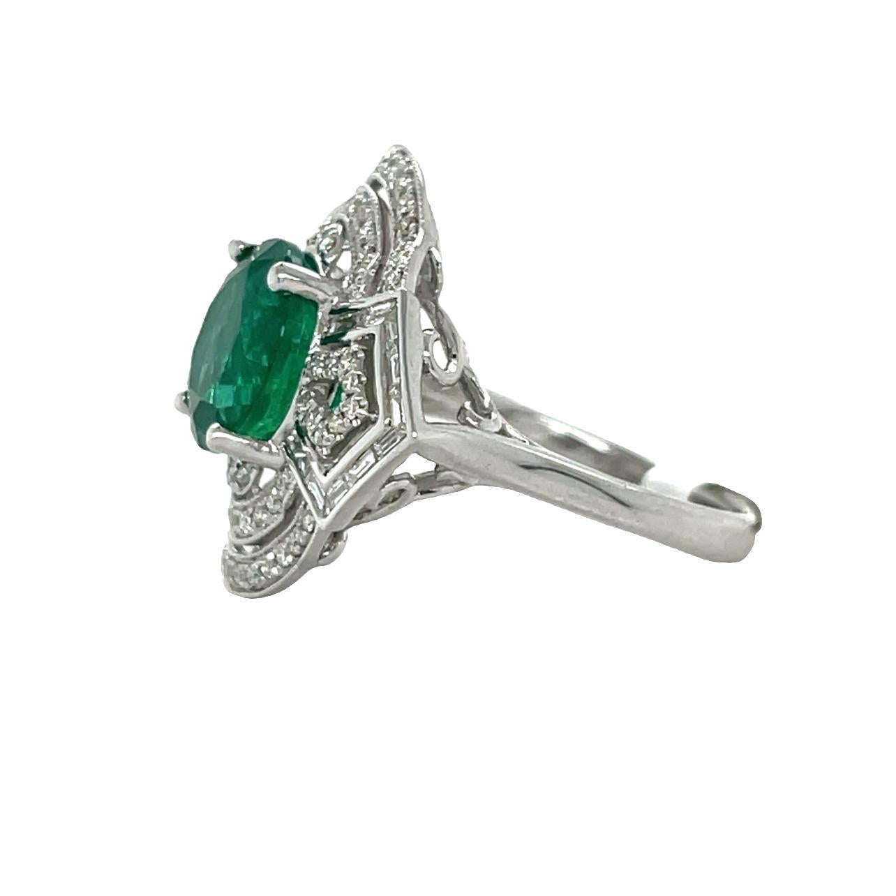 Women's 4.38 ct Natural Emerald and Diamond Ring in 14K White Gold  For Sale