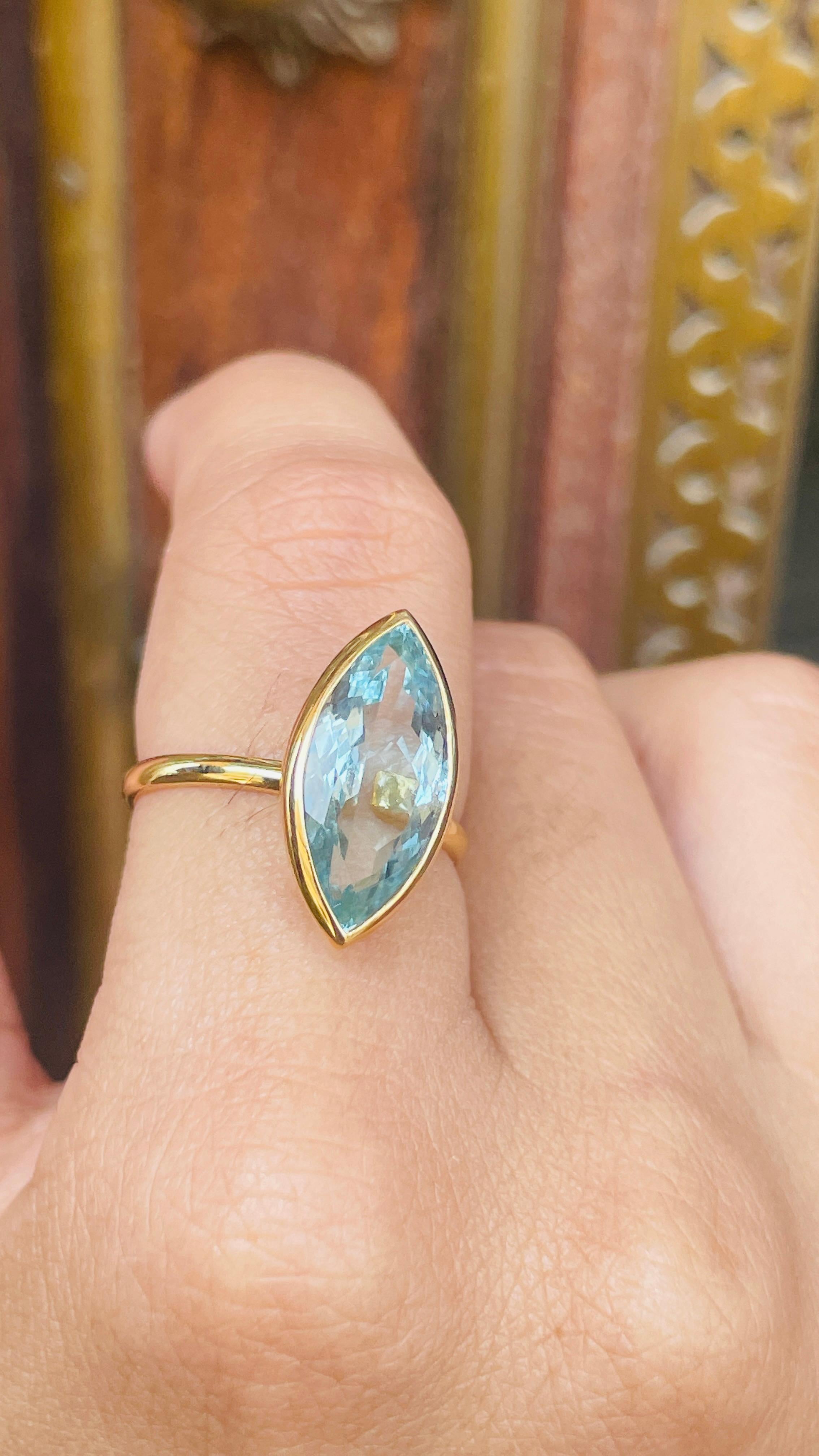 For Sale:  4.38 CTW Aquamarine Statement Ring for Women in 18k Solid Yellow Gold 14