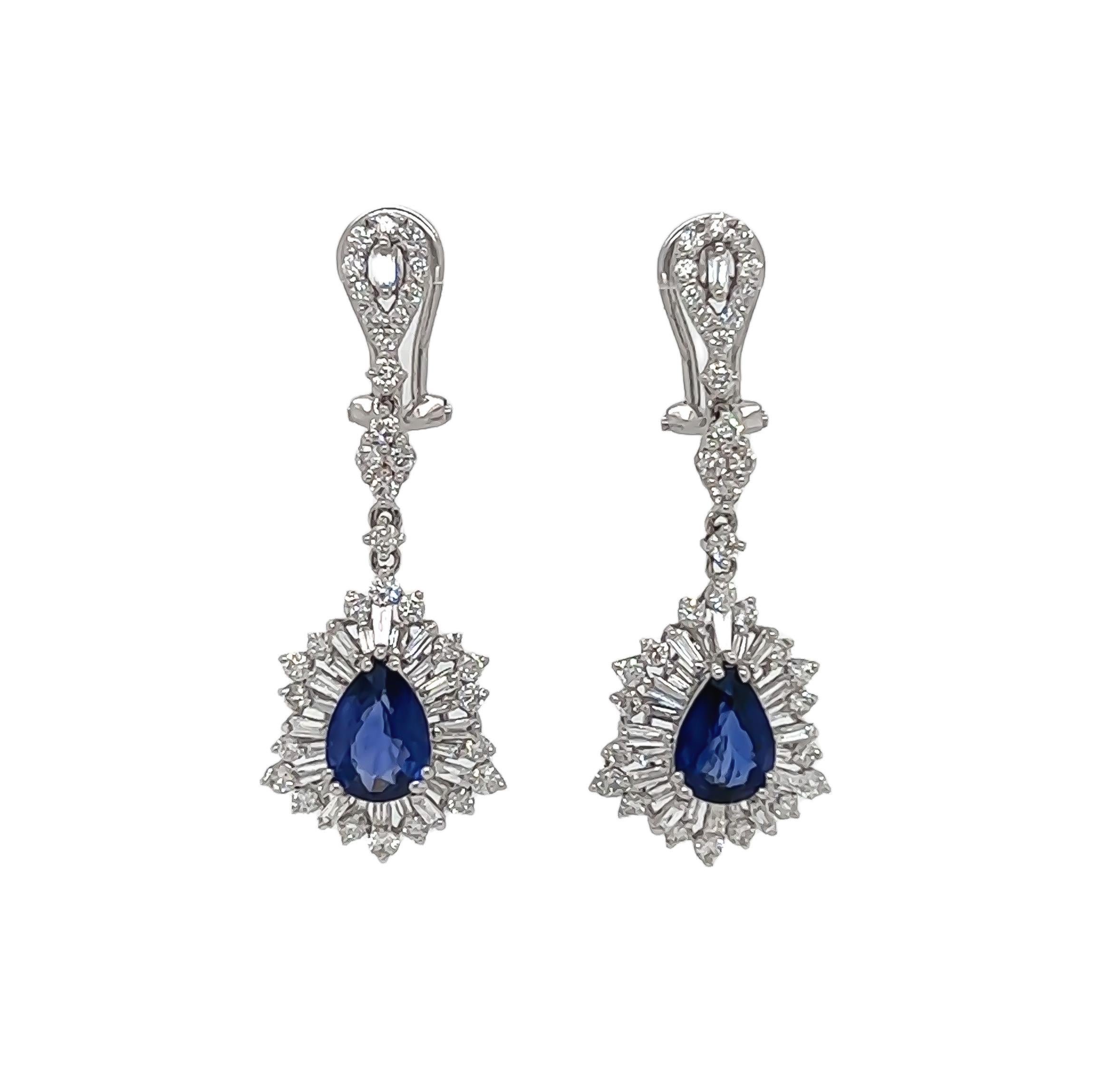 4.38 Total Carat Sapphire with Baguette and Round Diamond Earrings in 18K White Gold

This gorgeous pair of sapphire earrings are sure to draw all eyes on you. It is created with 2.35 carats of pear cut Sapphires, surrounded by a halo of baguette