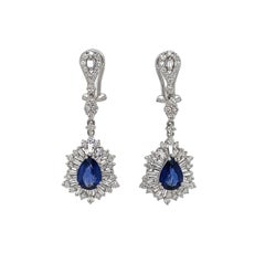 4.38 Total Carat Sapphire with Baguette and Round Diamond Earrings in 18K White
