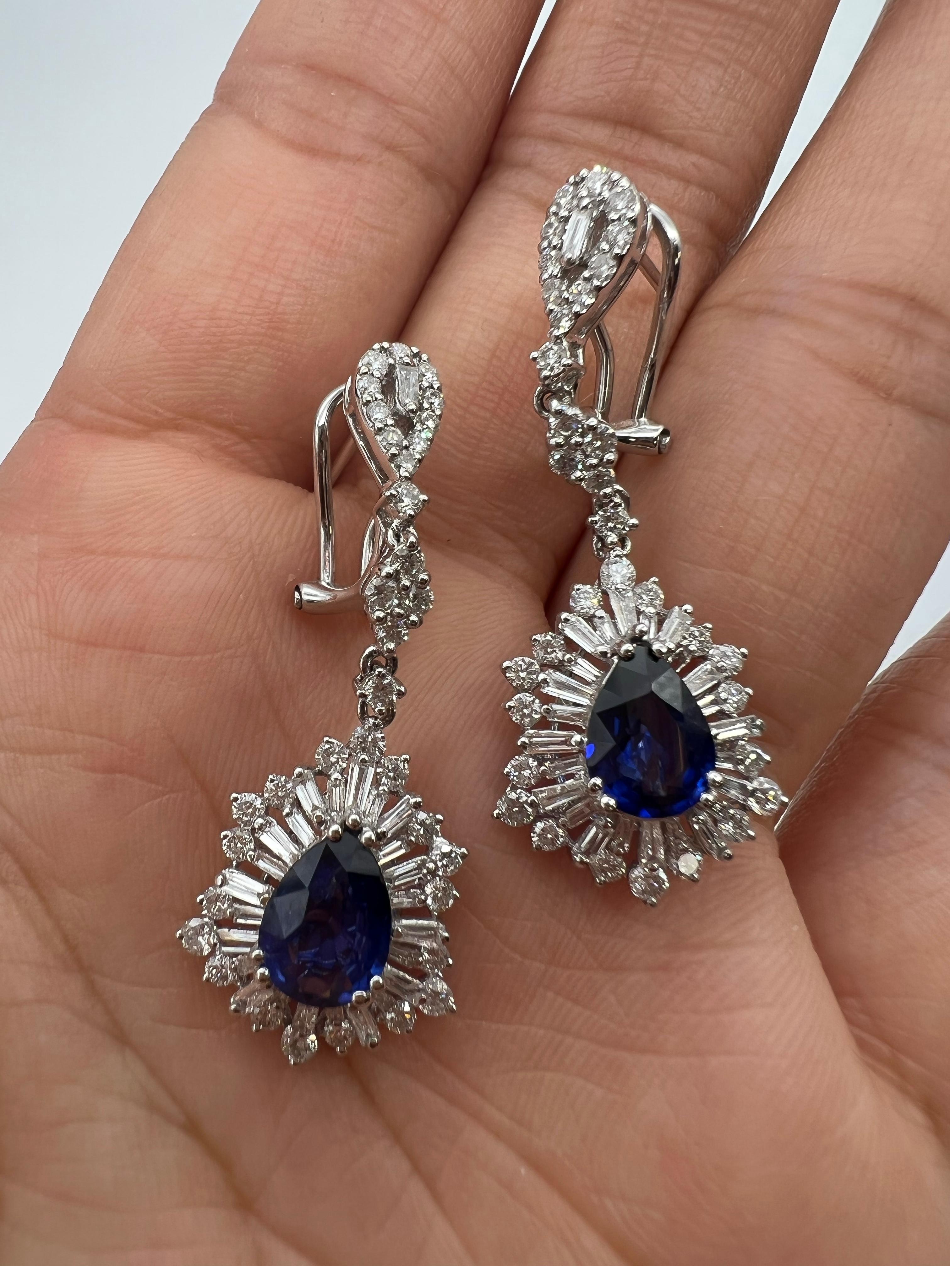 4.38 Total Carat Sapphire with Baguette and Round Diamond Earrings in 18K White For Sale 2