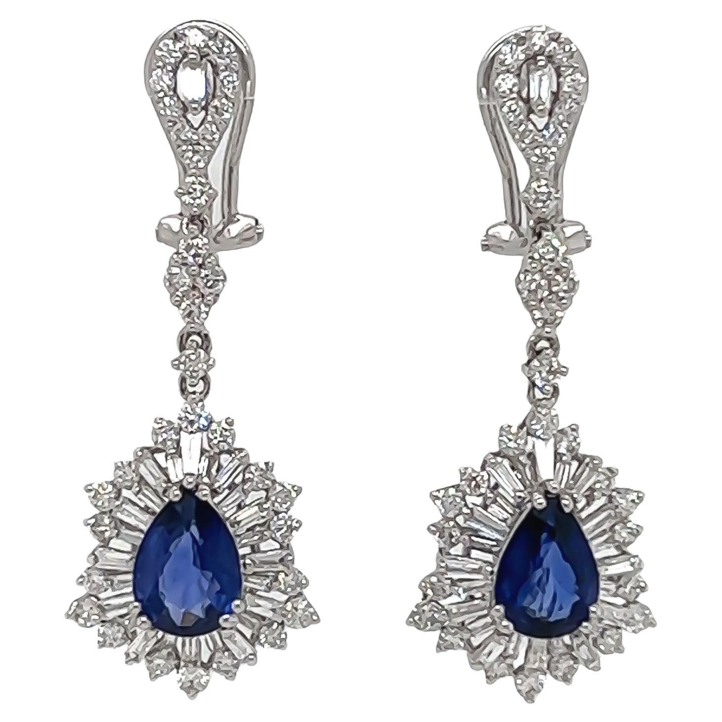 4.38 Total Carat Sapphire with Baguette and Round Diamond Earrings in 18K White For Sale