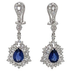 4.38 Total Carat Sapphire with Baguette and Round Diamond Earrings in 18K White
