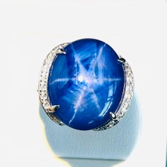 43.86 Ct Blue Star Sapphire No heated Ring with Natural Diamond