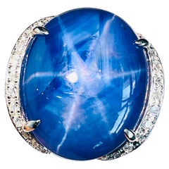 43.86 Ct Blue Star Sapphire No heated Ring with Natural Diamond