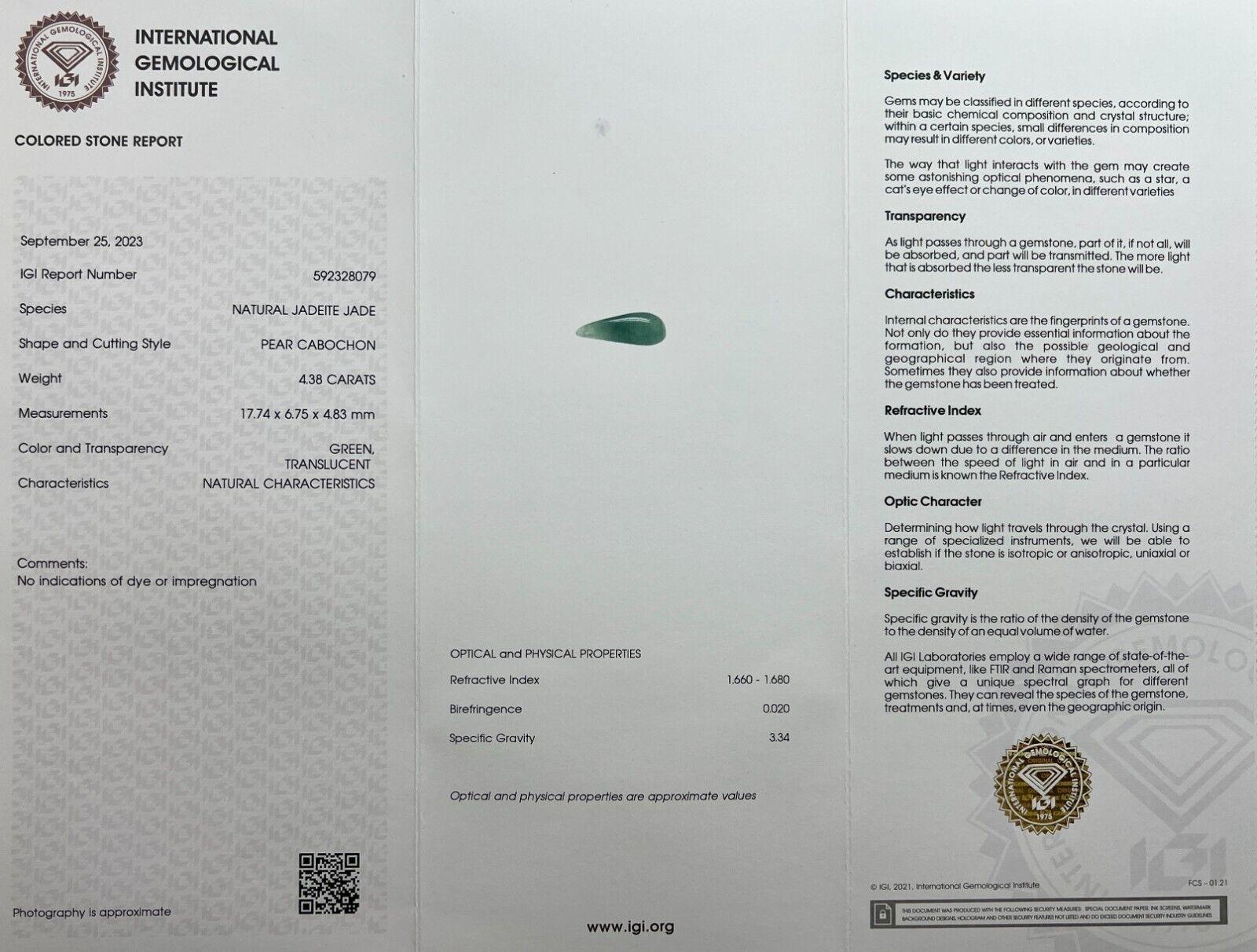 4.38Ct Green Jadeite Jade IGI Certified Natural ‘A’ Grade Pear Cabochon Gem For Sale 1