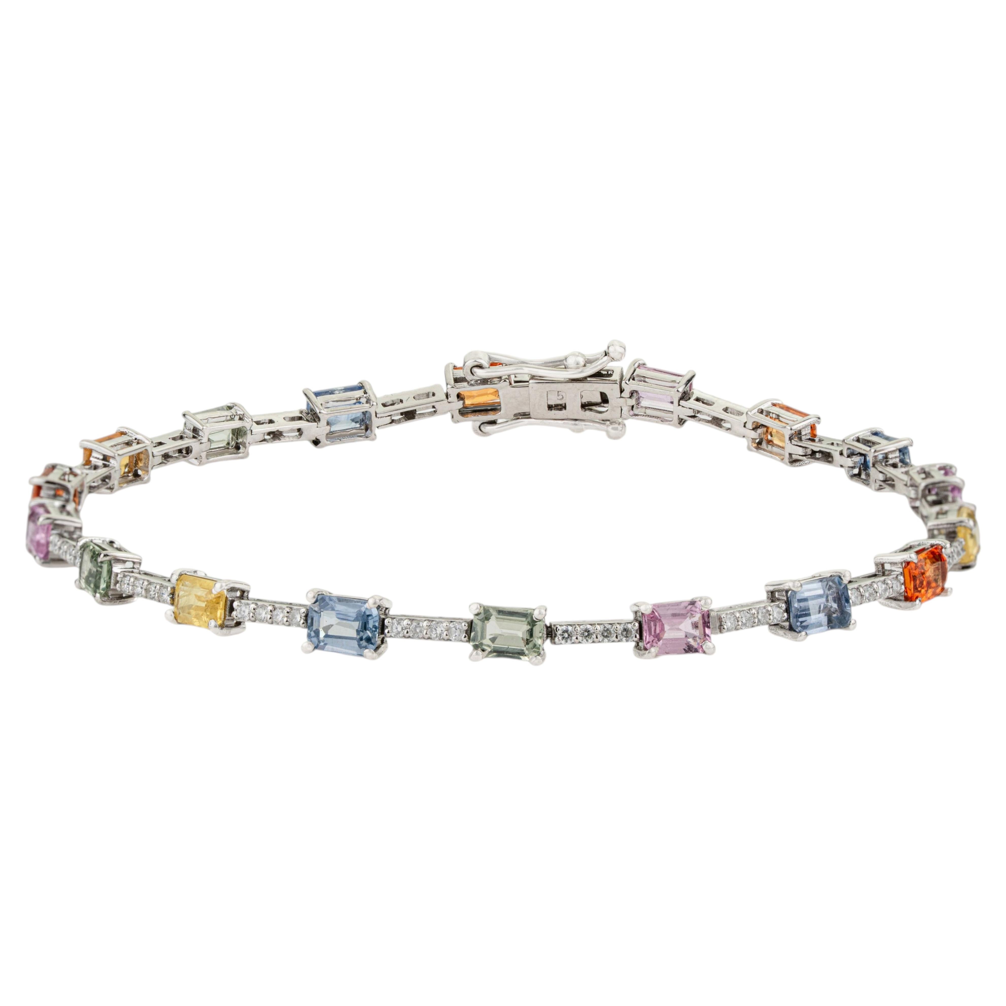 Pulsera de tenis de zafiros múltiples arco iris y diamantes de 4,38 ct Oro blanco de 14 quilates 6,5 pulgadas
