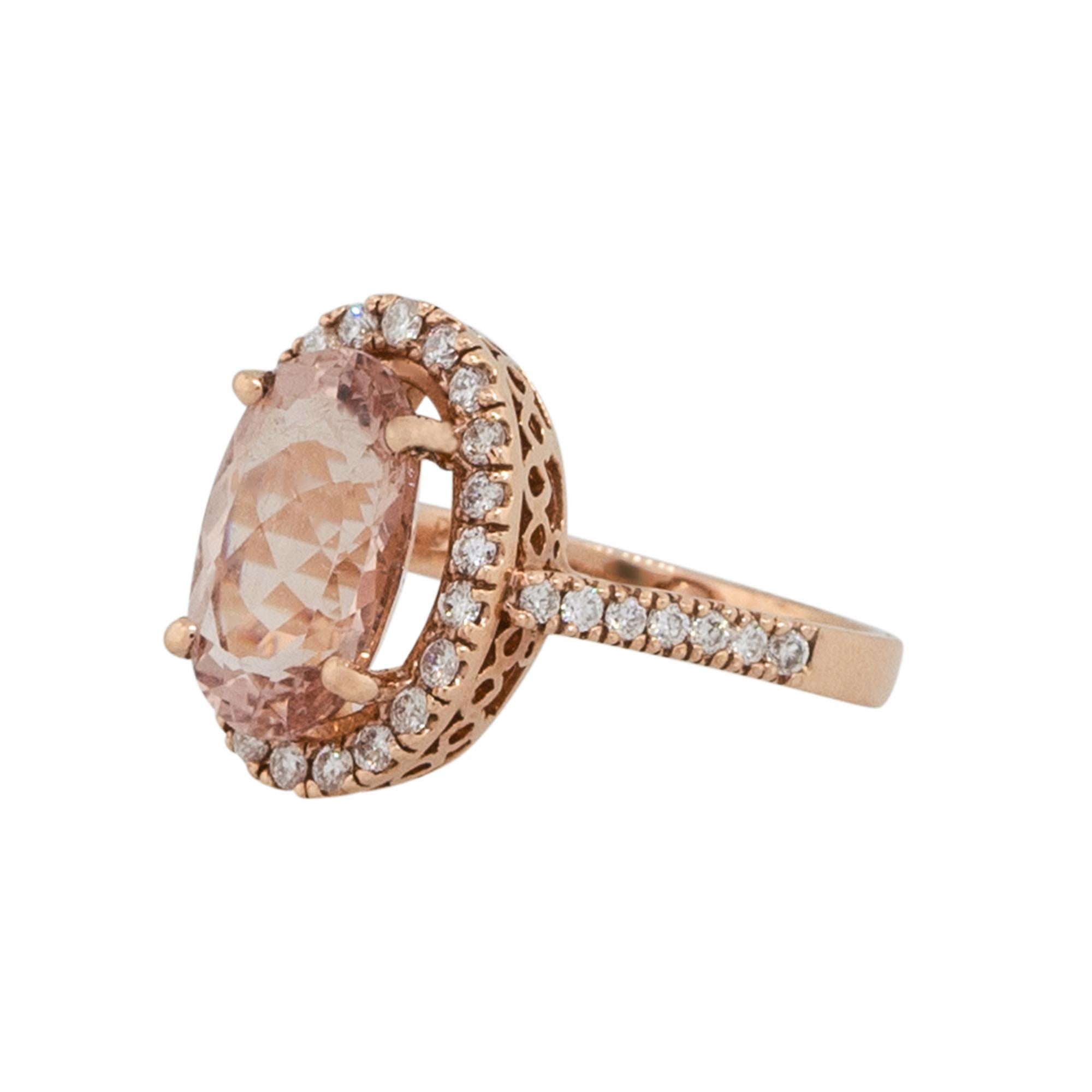 Material: 14k Rose Gold
Diamond Details: Approx. 0.61ctw of round cut Diamonds. Diamonds are H in color and VS in clarity
Gemstone Details: Approx. 4.39ctw oval shape Morganite gemstone
Size: 7.25
Total weight: 6.1g (3.9dwt)
Measurements: 0.75