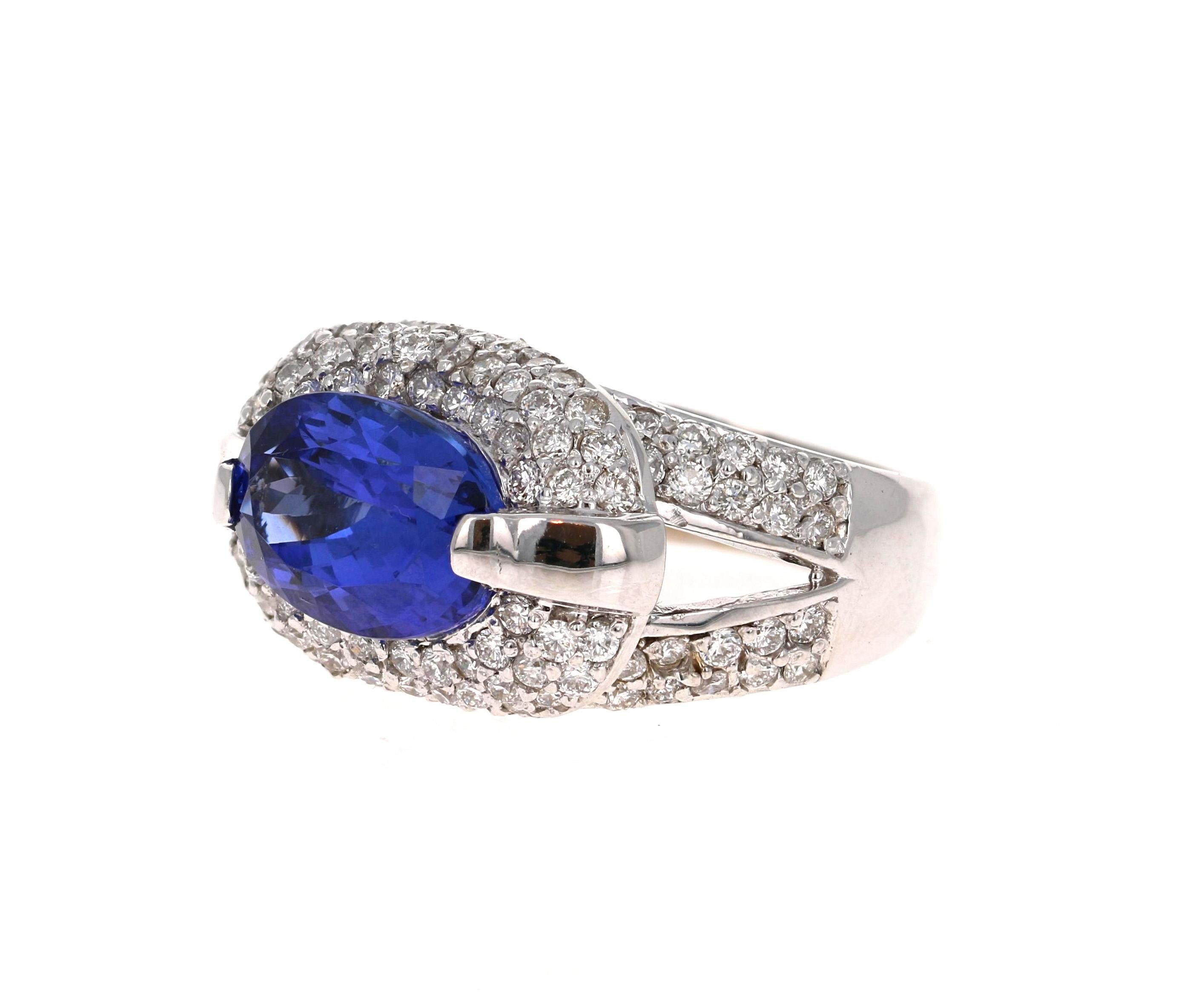 Elegant & Magnificent, Classic Tanzanite & Diamond Ring! 

This Ring has a radiant bluish-purple Oval Cut Tanzanite weighing 2.97 Carats. It is surrounded by 114 Round Cut Diamonds that weigh 1.42 Carats with a Clarity and Color of SI/F. The total