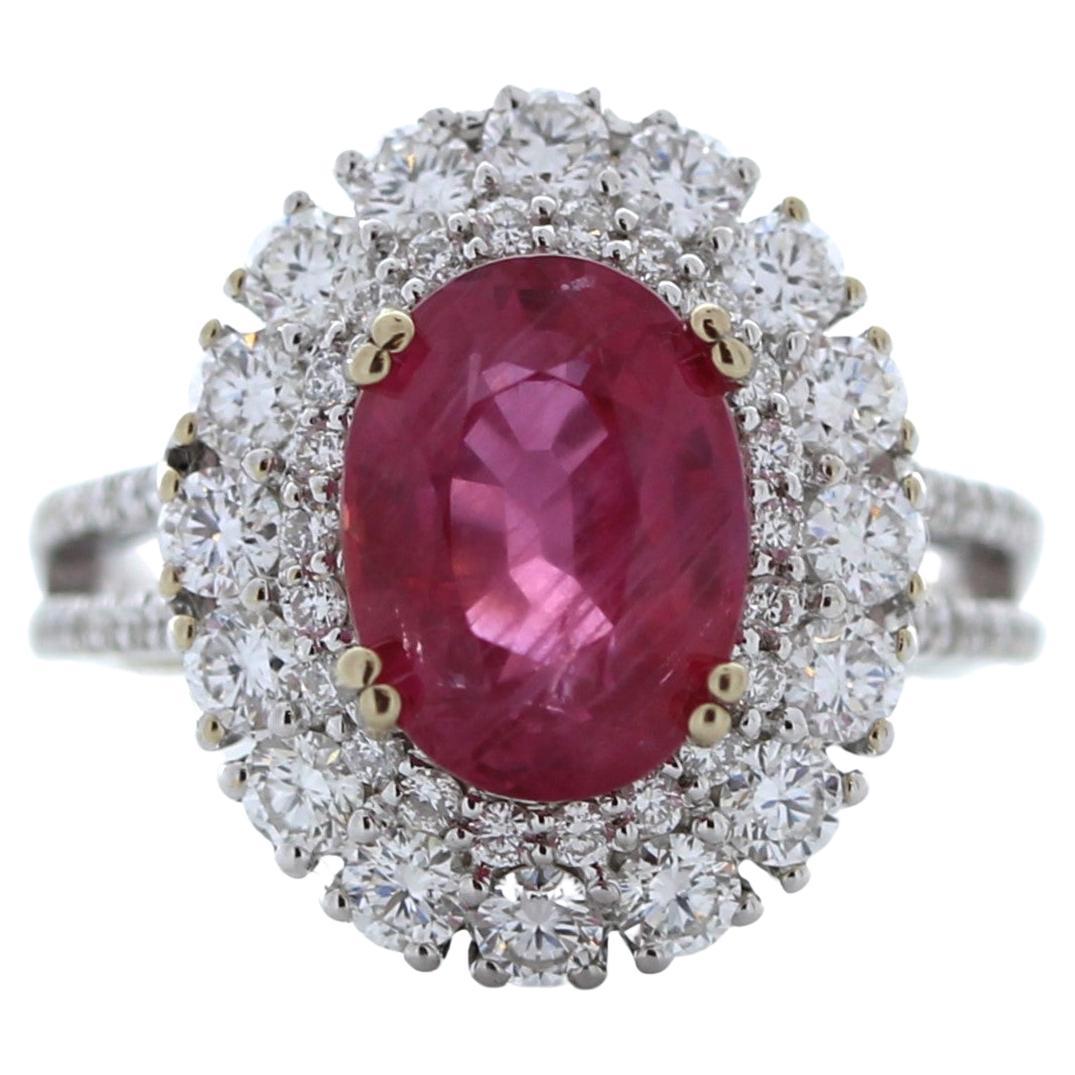 4.39 Carat Weight Oval Shape Ruby & Round Diamond Fashion Ring in 18k White Gold For Sale