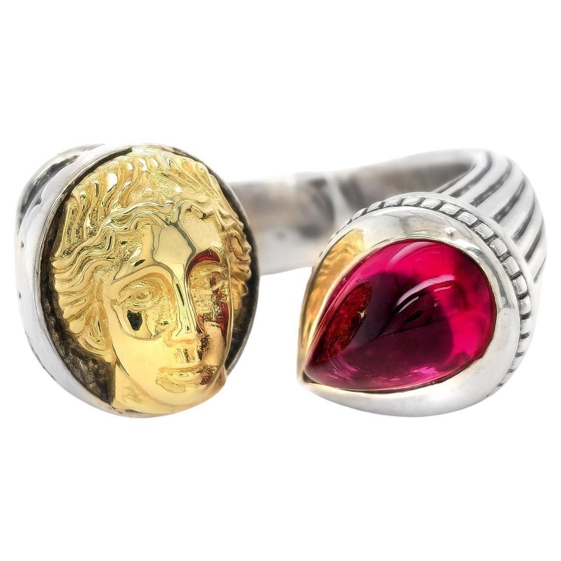 4.39 Carats Rubellite set in Silver and 18K Yellow Gold Ring For Sale