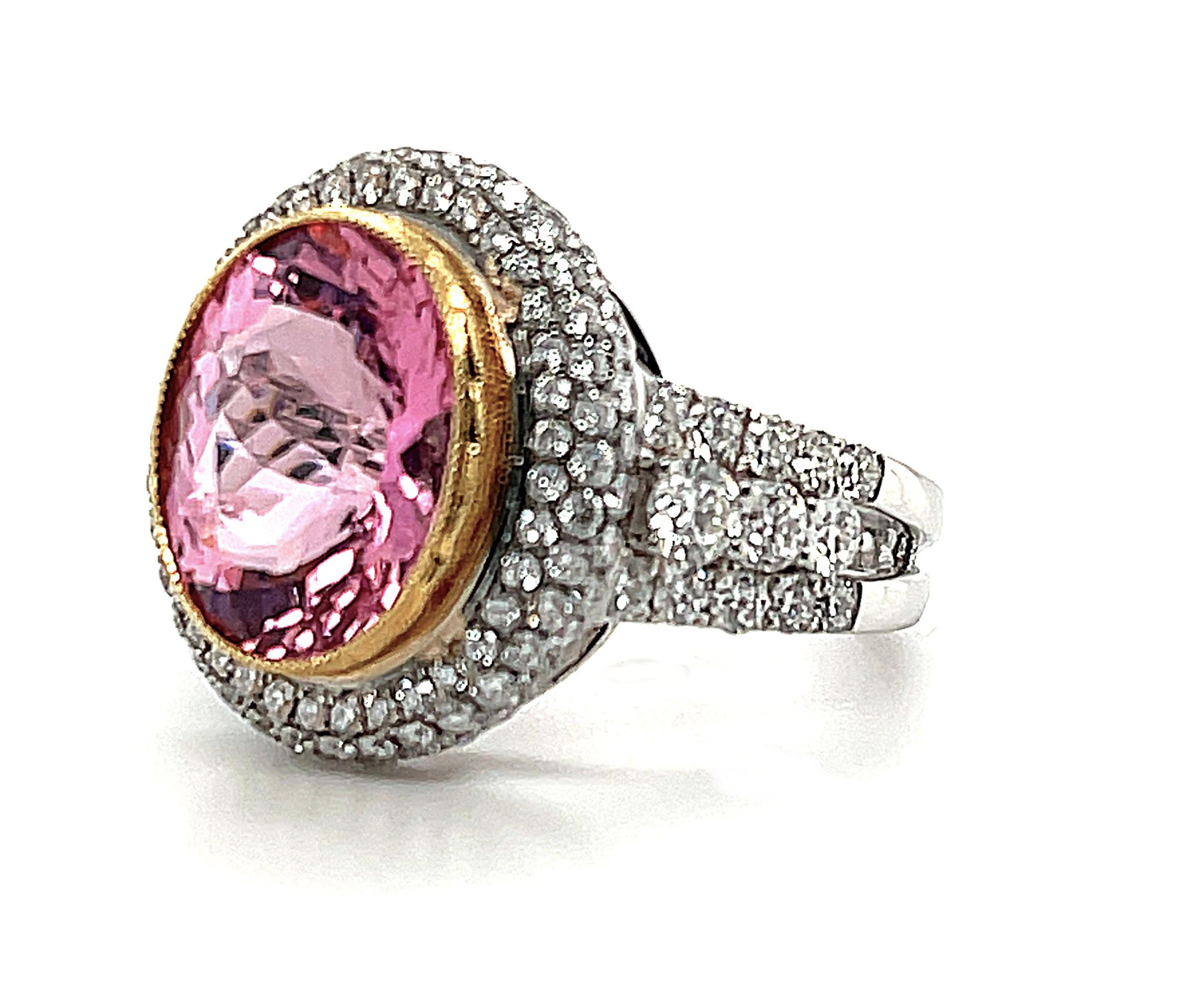 4.39 ct. Pink Tourmaline Oval, Diamond Halo 18k White Gold Bezel Band Ring In New Condition In Los Angeles, CA