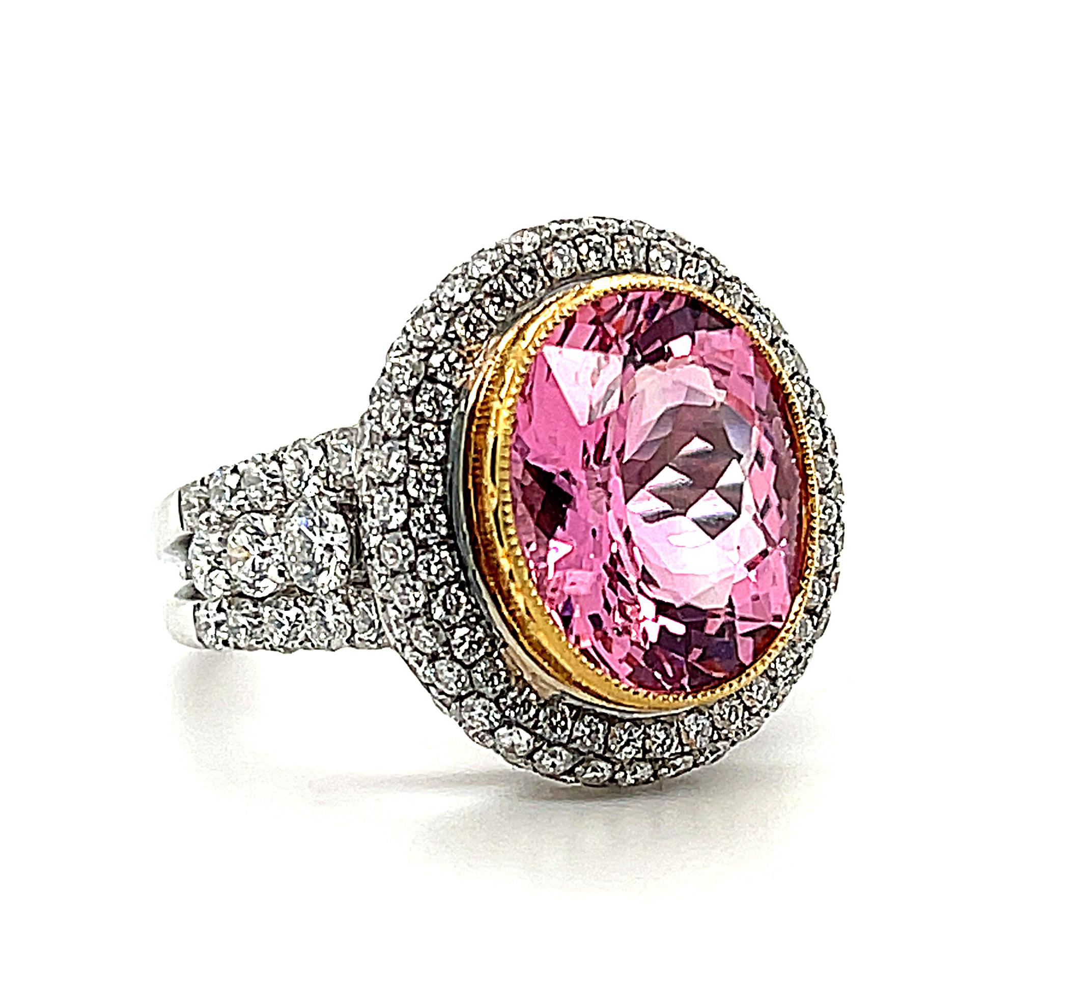 Artisan 4.39 ct. Pink Tourmaline Oval, Diamond Halo 18k White Gold Bezel Band Ring