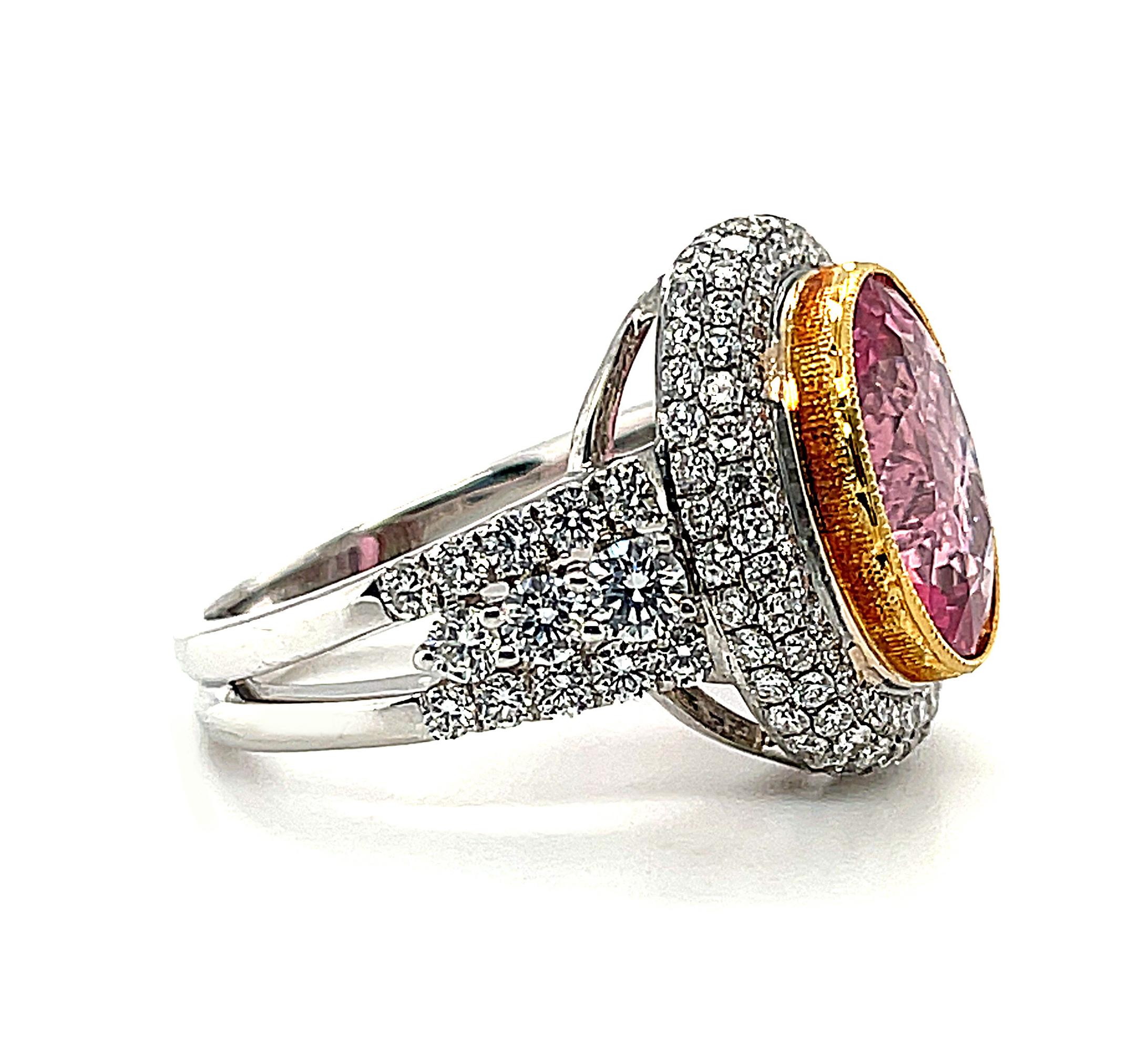 Oval Cut 4.39 ct. Pink Tourmaline Oval, Diamond Halo 18k White Gold Bezel Band Ring