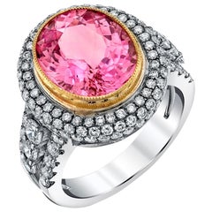 4.39 ct. Pink Tourmaline Oval, Diamond Halo 18k White Gold Bezel Band Ring
