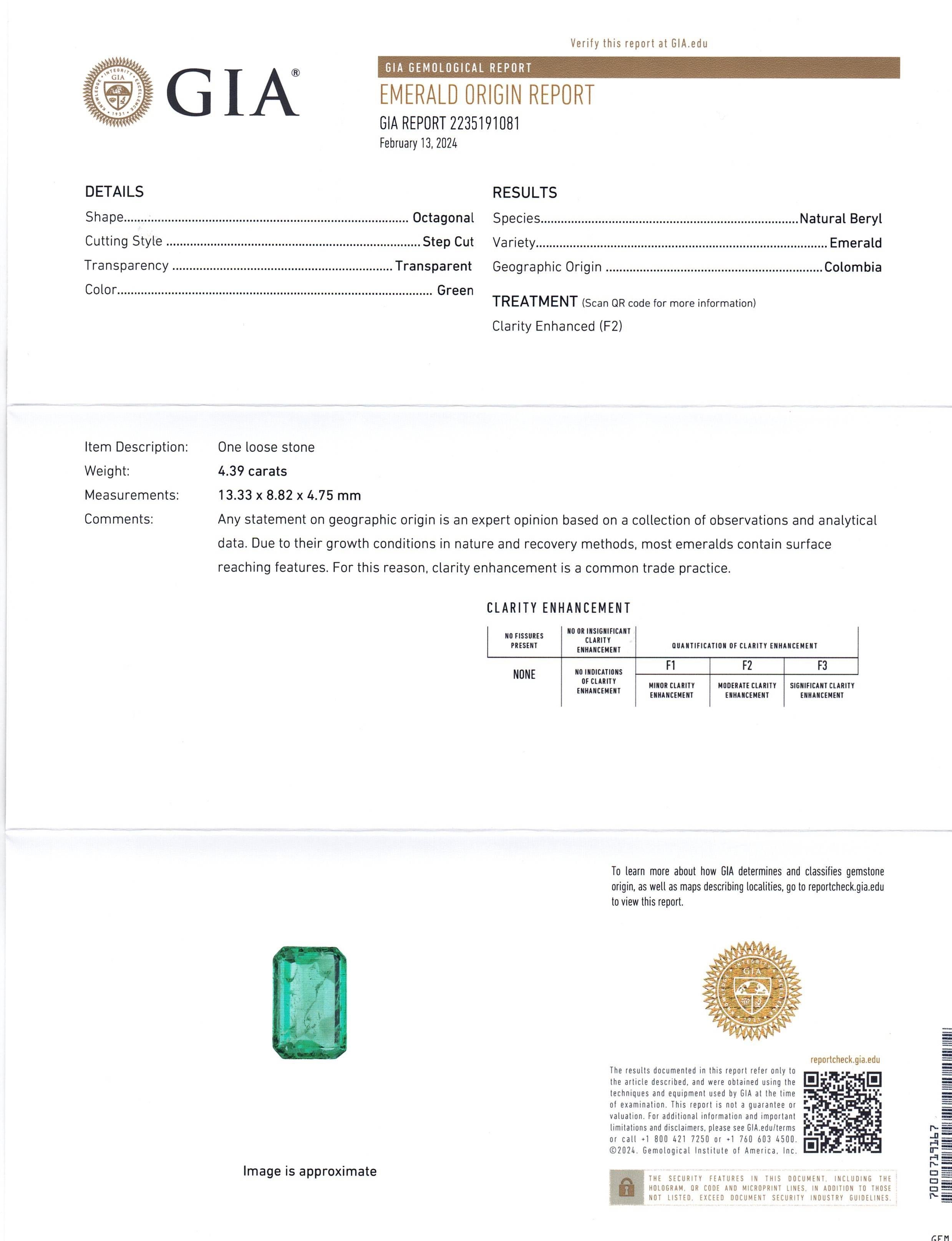 This is a stunning GIA Certified Emerald 


The GIA report reads as follows:

GIA Report Number: 2235191081
Shape: Octagonal
Cutting Style: Step Cut
Cutting Style: Crown: 
Cutting Style: Pavilion: 
Transparency: Transparent
Colour: