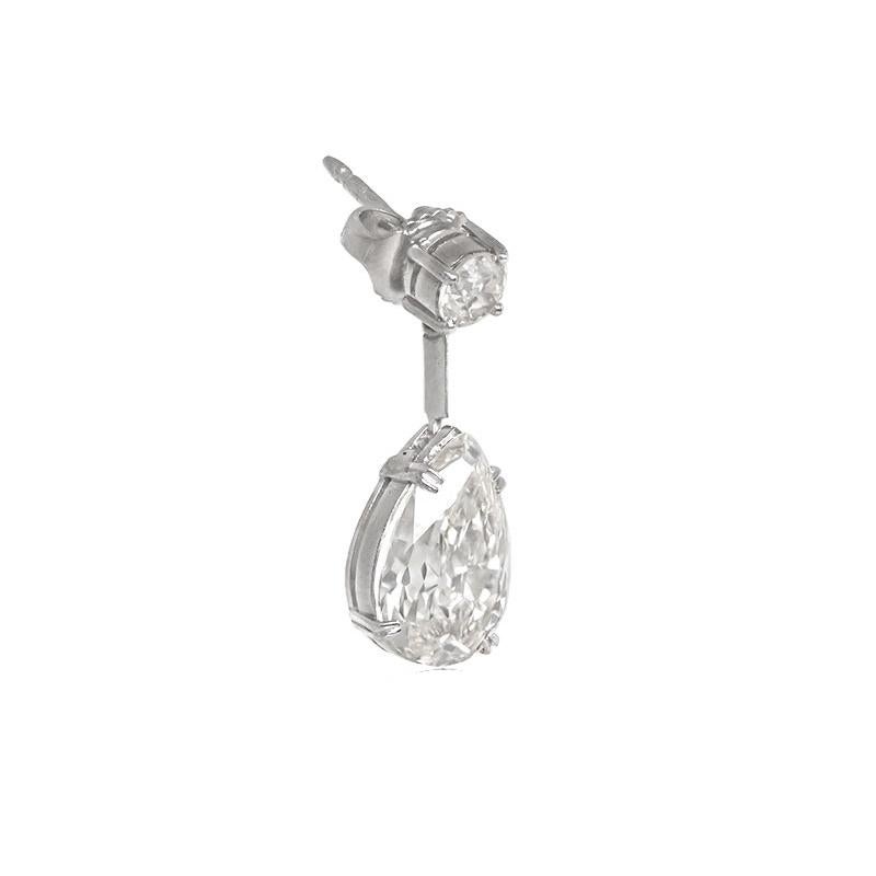 Art Deco 4.39ct Pear Shape Diamond Drop Earrings, I Color, Platinum 