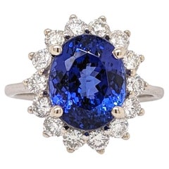 4.39ct Tanzanite Ring w Natural Diamond Halo in Solid 14k White Gold Oval 10x8mm