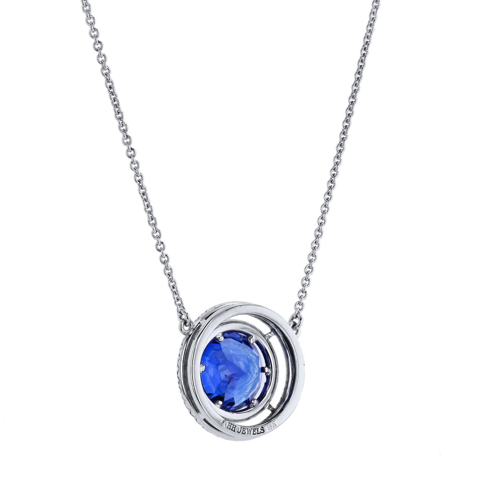 Modern H&H 4.39 Carat Tanzanite Pave Diamond Double Halo Pendant Necklace