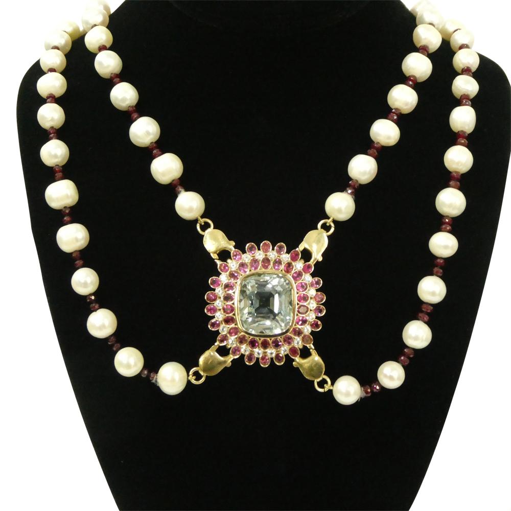 Brilliant Cut 43ct Aquamarine, Pink Tourmaline, Sapphire, Pearl and Ruby Body Chain set in 10k For Sale