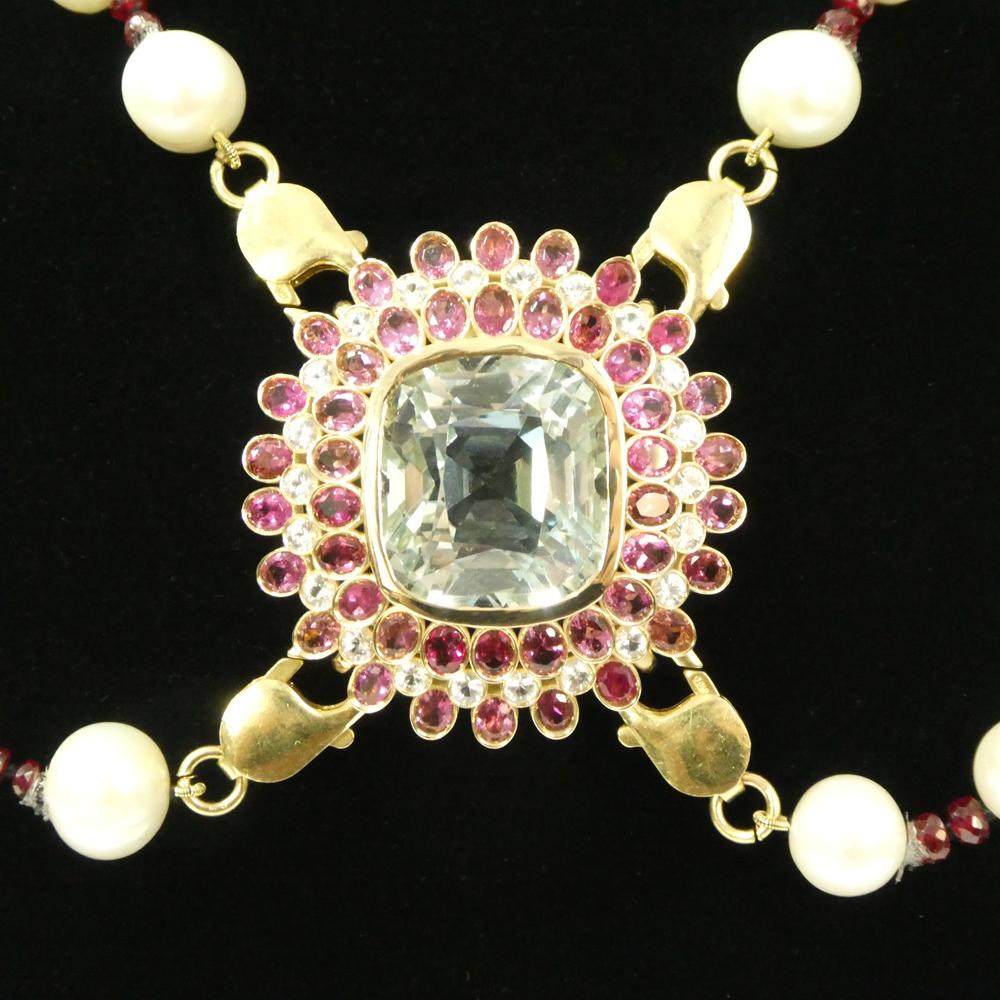 43ct Aquamarine, Pink Tourmaline, Sapphire, Pearl and Ruby Body Chain set in 10k For Sale 1