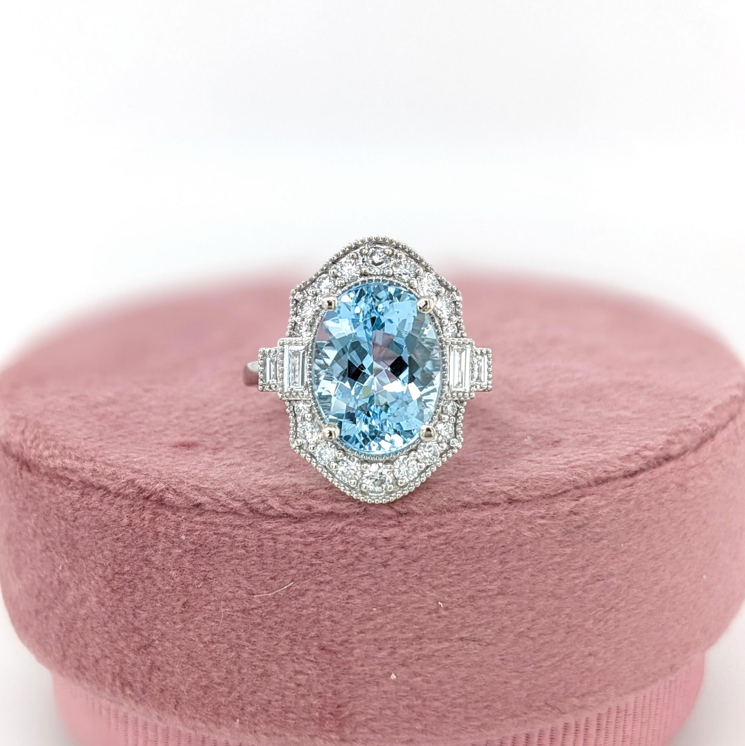 This beautiful ring features a 4.39 carat Aquamarine gemstone with natural earth mined diamonds and milgrain detail, set in solid 14K gold. This Aquamarine ring makes a lovely March birthstone gift for your loved ones! 

Specifications

Item Type:
