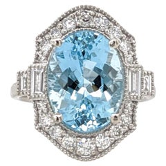 4.3ct Aquamarine Ring w Earth Mined Diamonds in Solid 14K White Gold Oval 12x9mm