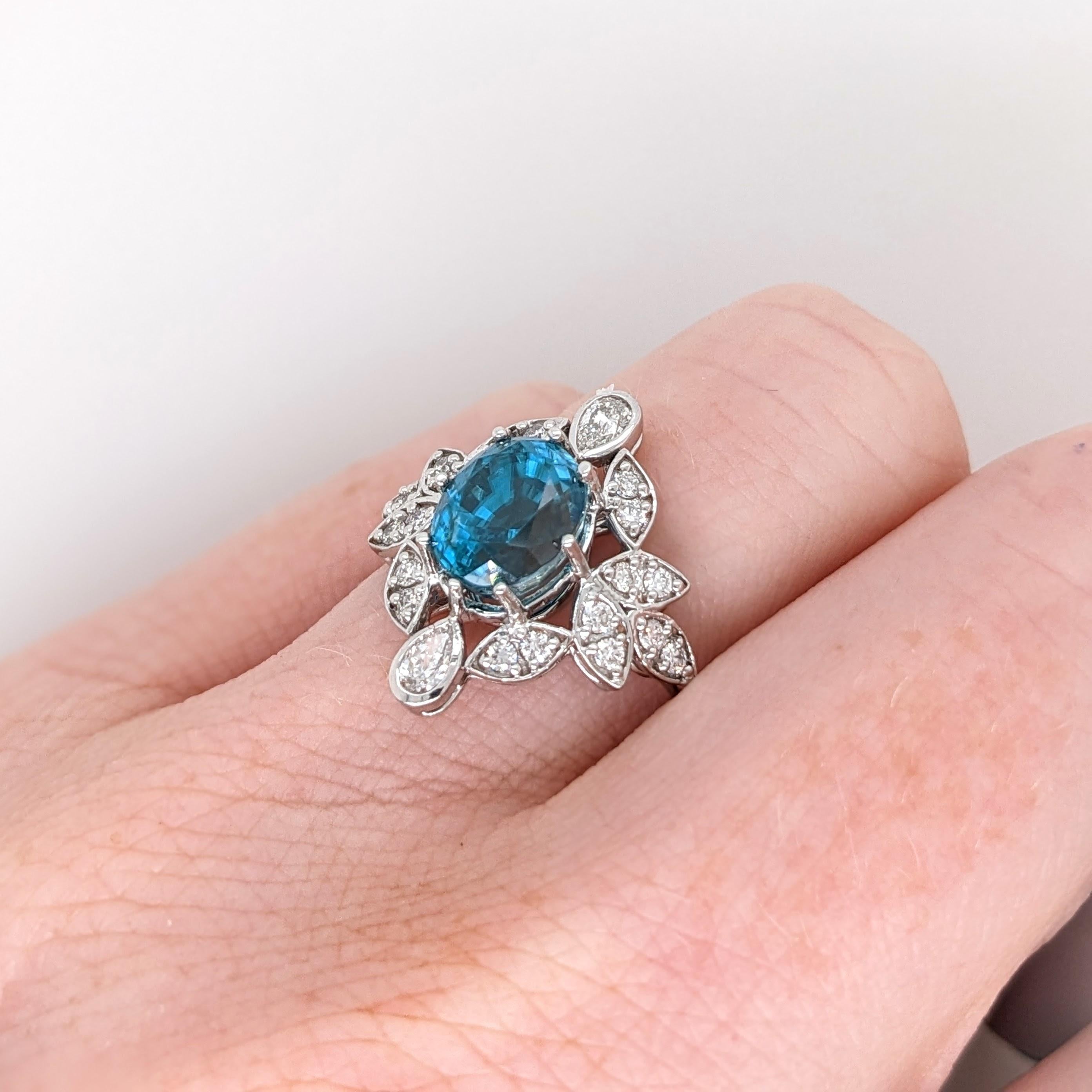 Modern 4.3ct Blue Zircon Ring w Natural Diamonds in Solid 14K White Gold Oval 9x7mm For Sale