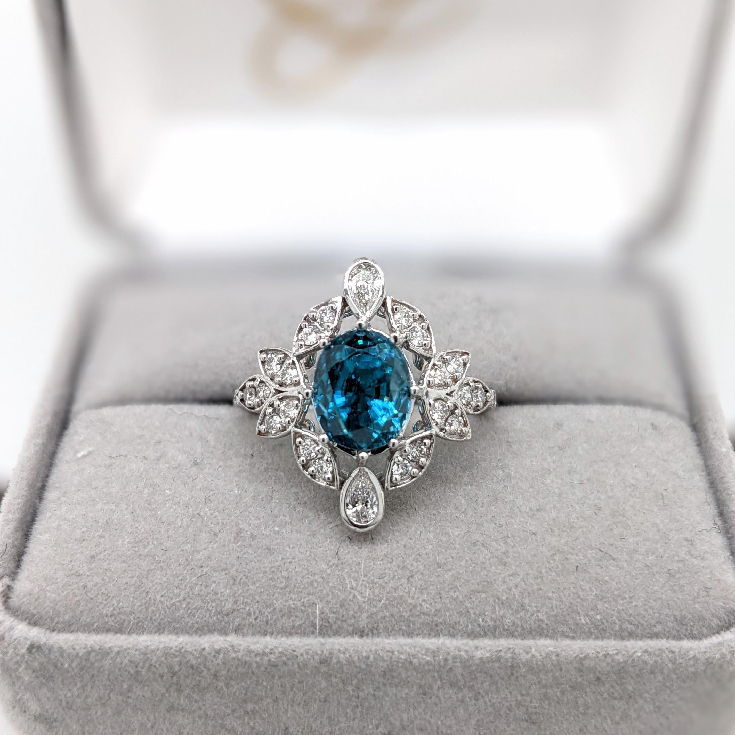 Oval Cut 4.3ct Blue Zircon Ring w Natural Diamonds in Solid 14K White Gold Oval 9x7mm For Sale