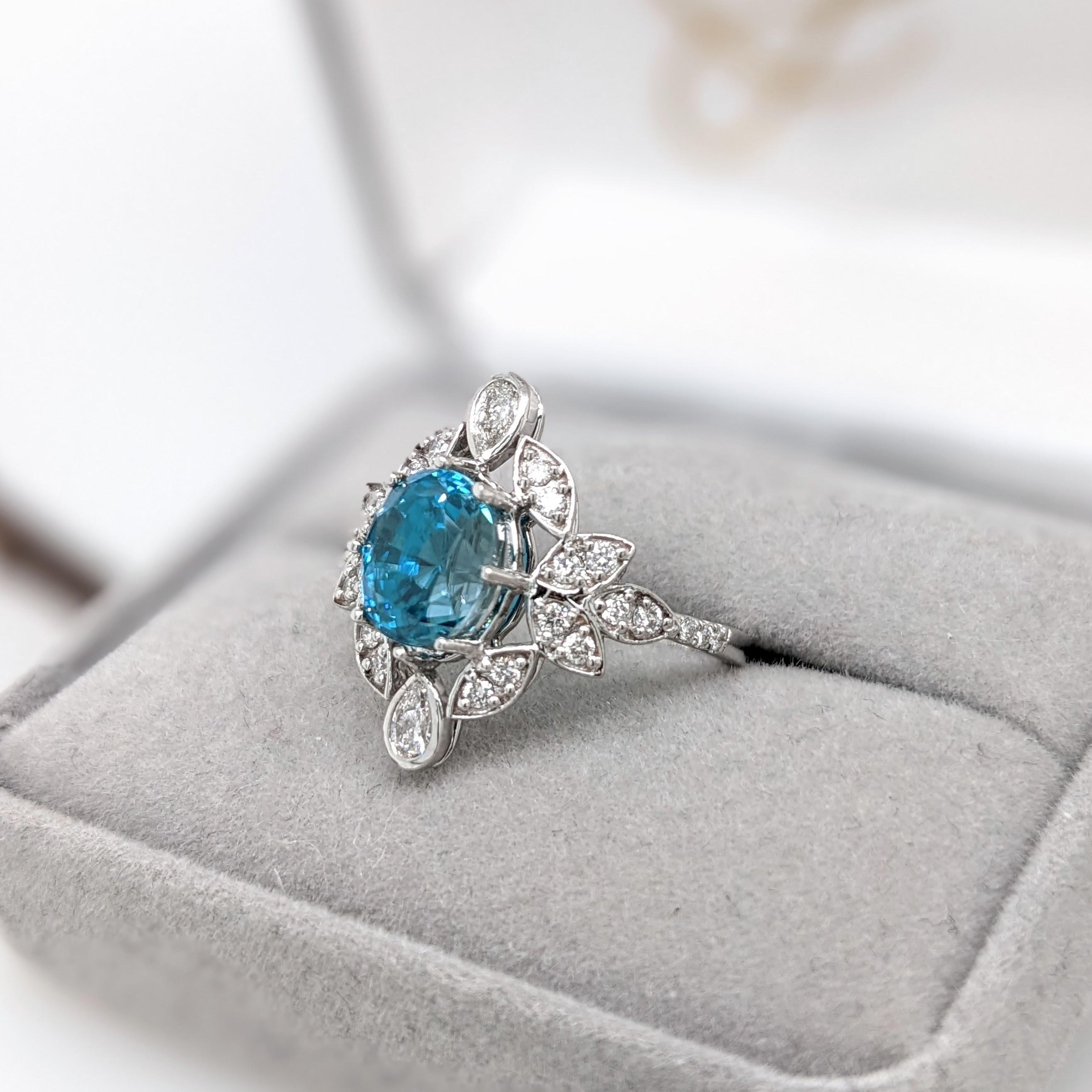 4.3ct Blue Zircon Ring w Natural Diamonds in Solid 14K White Gold Oval 9x7mm In New Condition For Sale In Columbus, OH