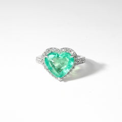 4.3ct Natural Heart-Cut Emerald & Diamond Halo Engagement Ring – 18K White Gold