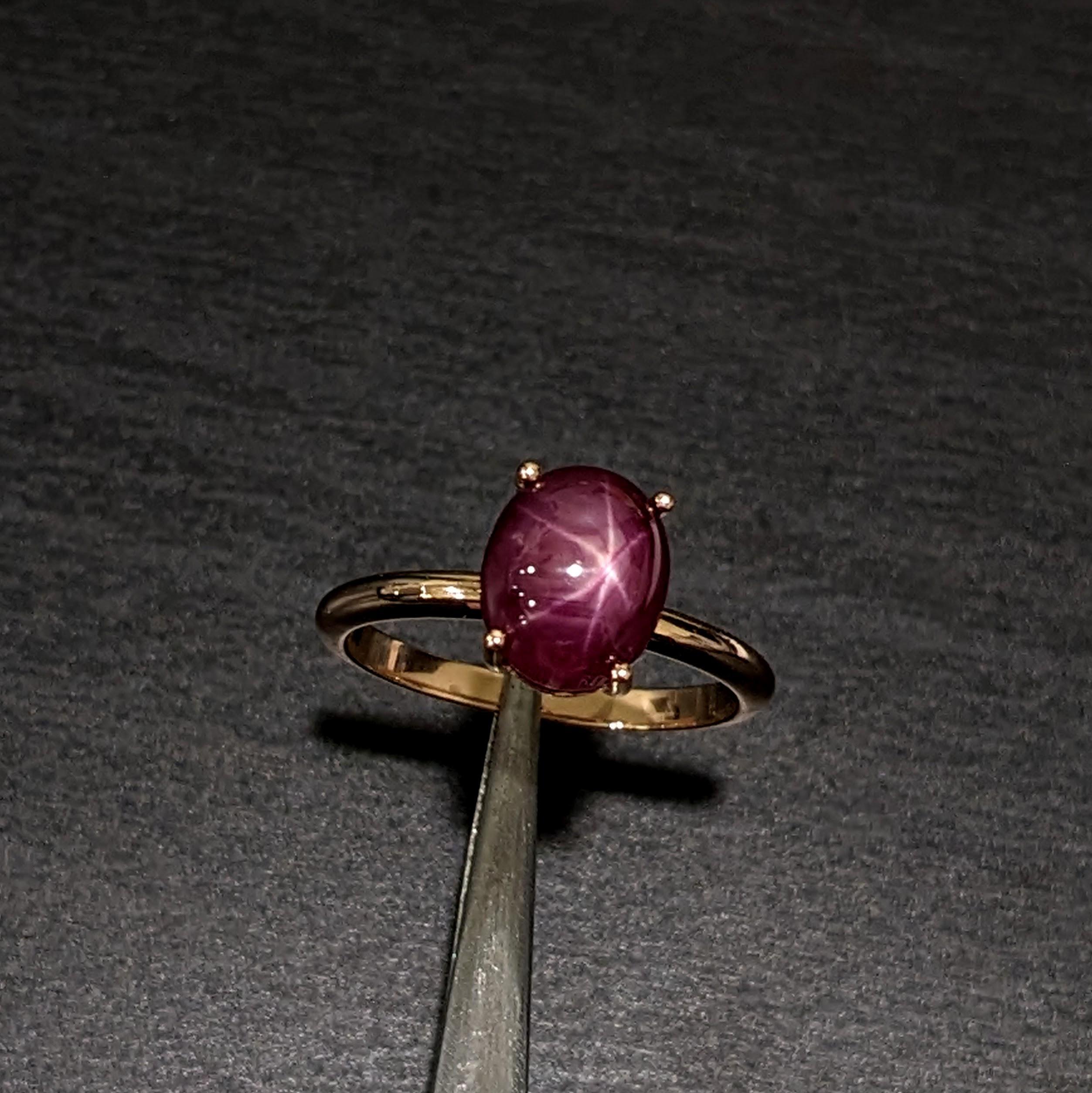 Art Deco 4.3ct Star Ruby Solitaire Ring in Solid 14K Yellow Gold Oval 9x7mm For Sale