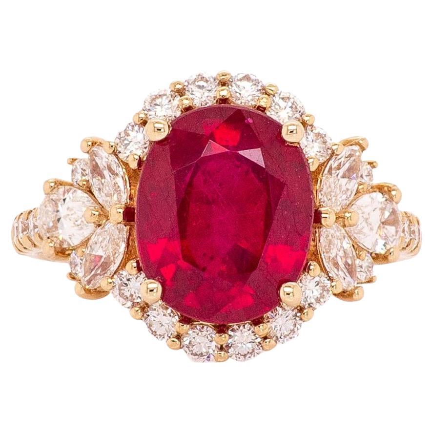 Anello con rubino del Madagascar da 4,3 carati e accenti di diamanti naturali: Oro massiccio 14k, 10x8mm