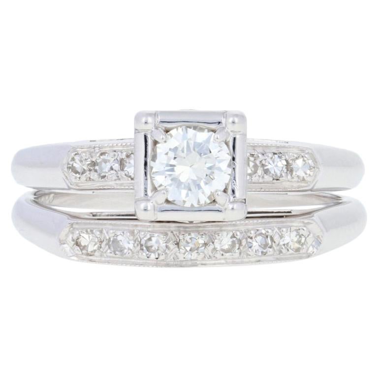 For Sale:  .43ctw Round Brilliant Diamond Vintage Engagement Ring & Wedding Band 14k Gold