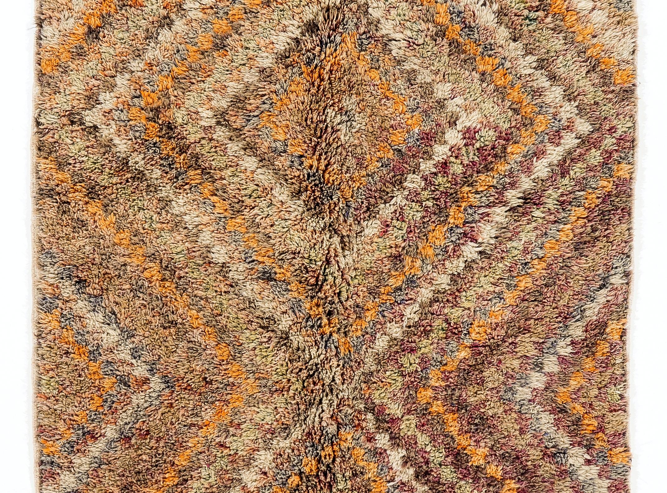 Hand-Knotted 4.3x10 Ft Vintage Handmade Turkish Tulu Checkered Rug in Soft Colors, All Wool For Sale