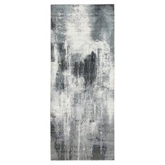 4'3"x10' Grauer handgeknüpfter Läufer aus Wolle und Seide in abstraktem Design mit abstraktem Design