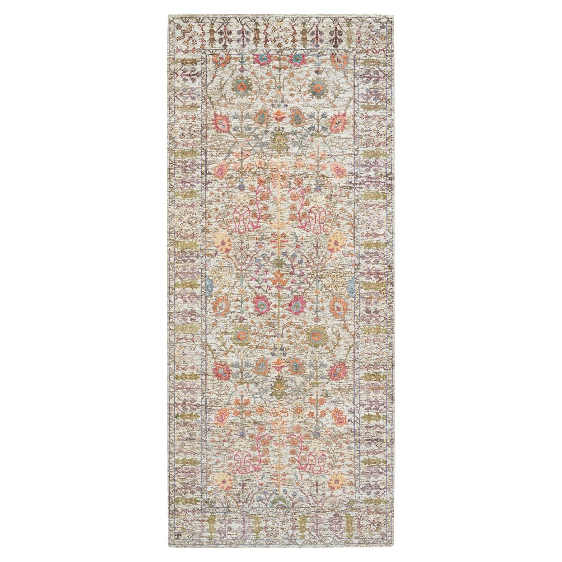 4'3"x10' Taupe Flower Vase All Over Design Silk & Wool Hand Knotted Runner Rug