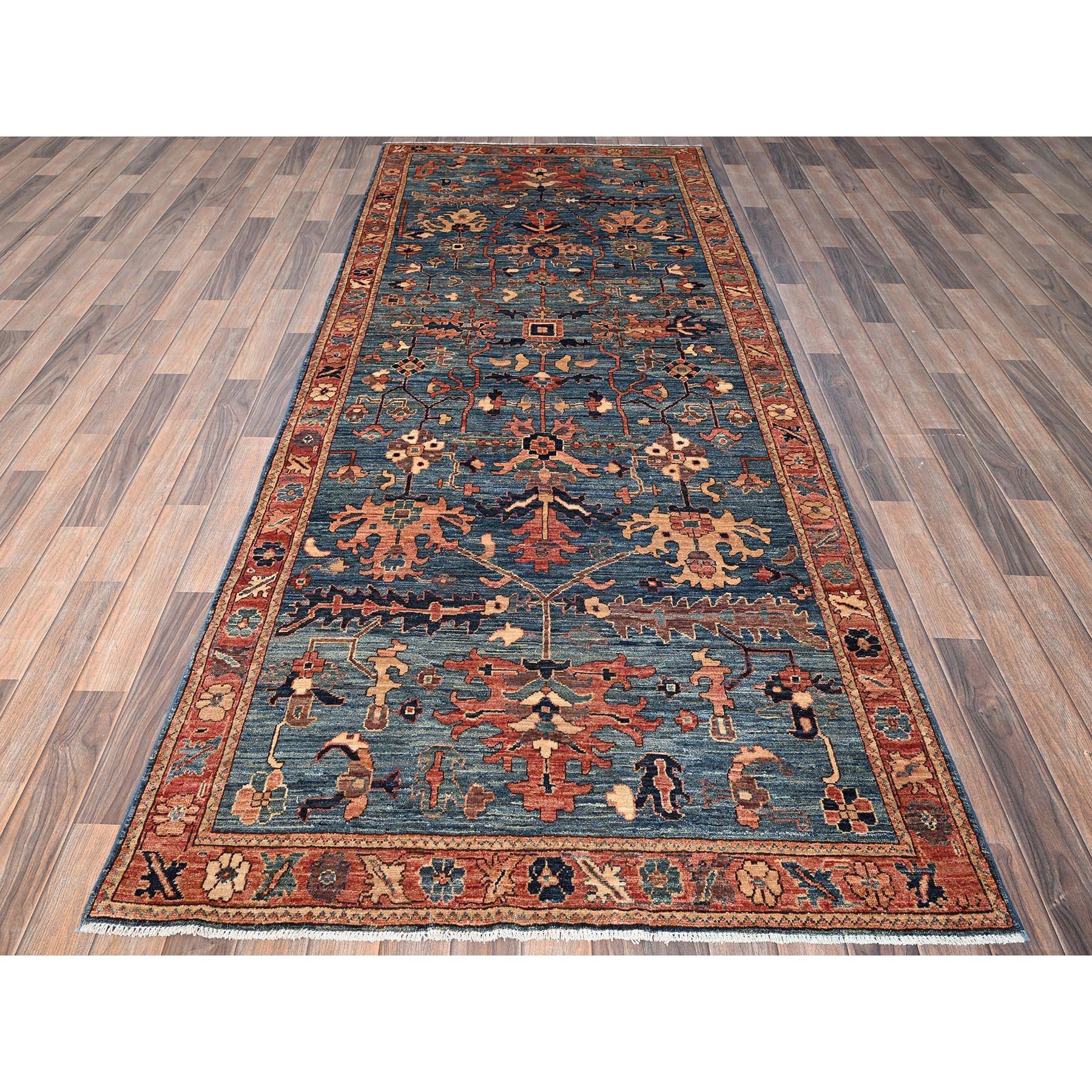 Sailor Blue, High Mountain Wool, Heriz All Over Design, Aryana Collection, Hand Knotted, Vegetable Dyes, Soft Pile, Densely Woven, Wide Runner, Oriental Rug
Primary materials: Wool
Latex: No Pile 
height: 0.25 Inches
Style: Traditional
Primary