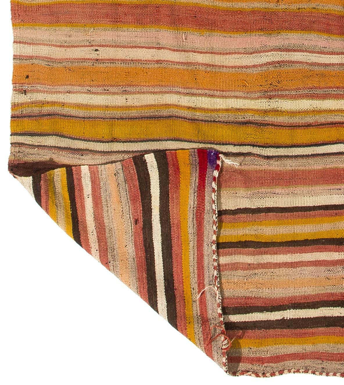 4.3x10.4 Ft Vintage Striped Hand-Woven Kilim Rug, 100% Wool, Reversible In Good Condition In Philadelphia, PA