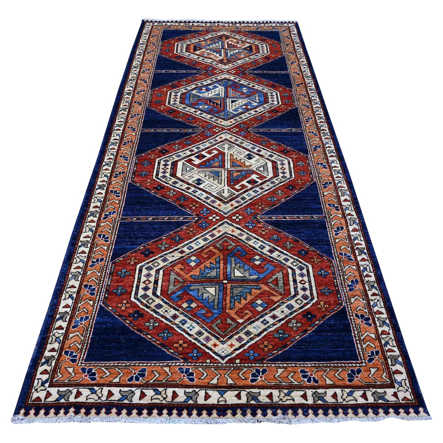 4'3 "x10'5" Blau Afghan Geometric Village Design Wolle Hand Knotted Läufer Teppich