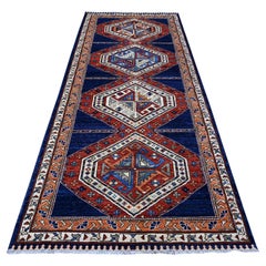 4'3 "x10'5" Blau Afghan Geometric Village Design Wolle Hand Knotted Läufer Teppich