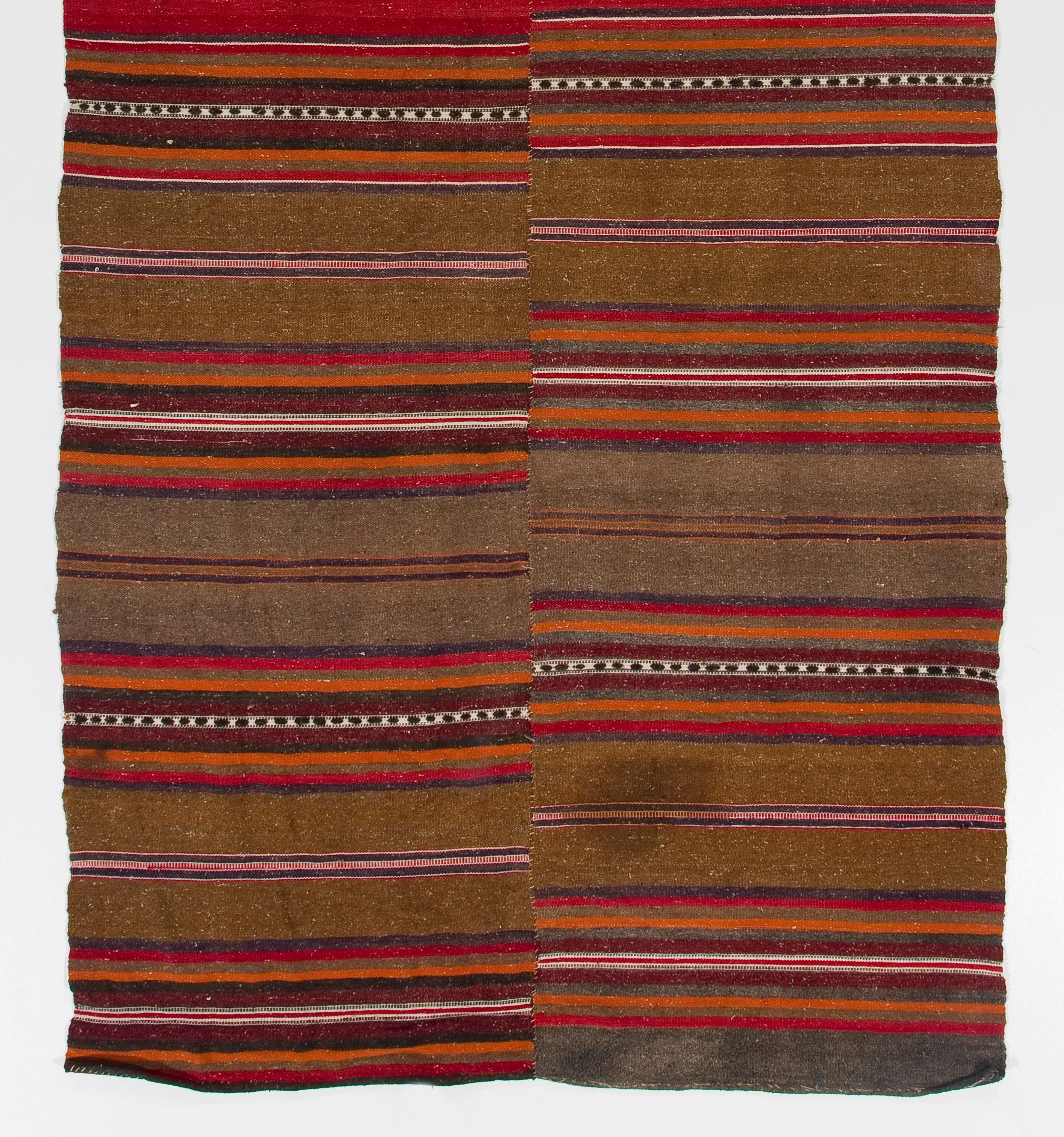Caucasian 4.3x10.5 Ft Vintage Turkish Banded Kilim Rug. AllWool Flat-weave Floor Covering For Sale