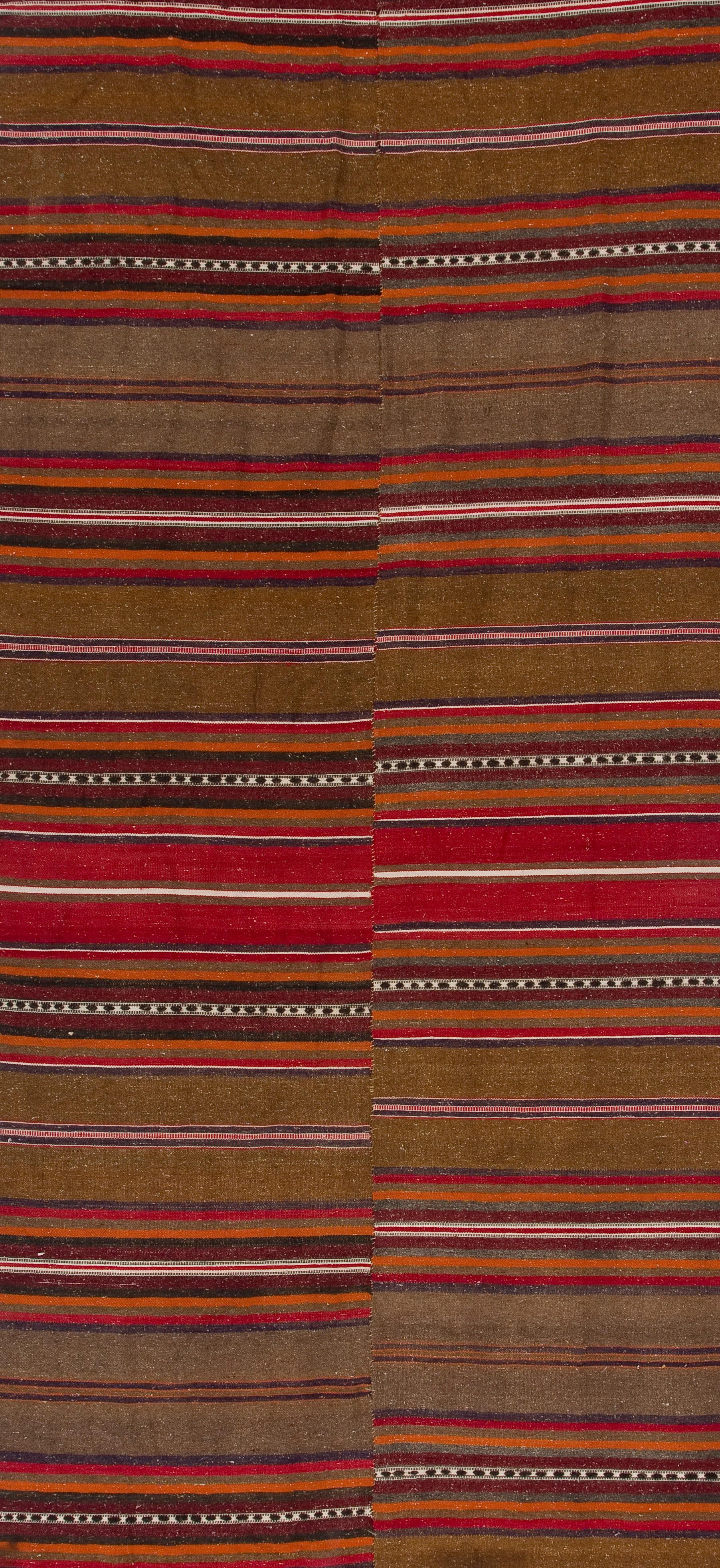 Hand-Woven 4.3x10.5 Ft Vintage Turkish Banded Kilim Rug. AllWool Flat-weave Floor Covering For Sale