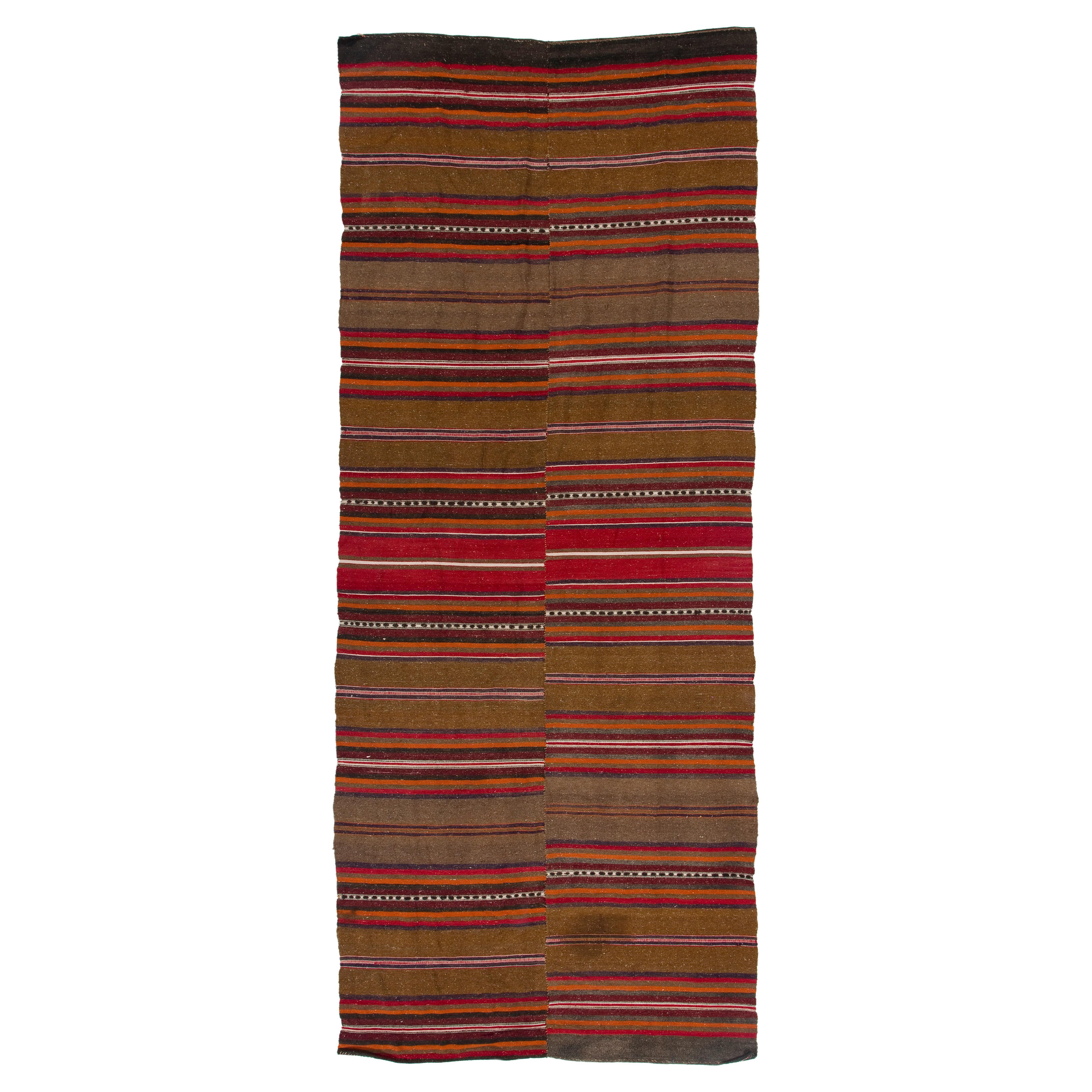 4.3x10.5 Ft Vintage Turkish Banded Kilim Rug. AllWool Flat-weave Floor Covering