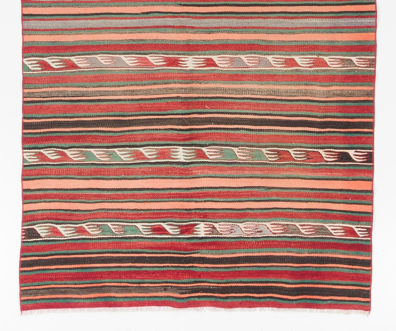 Turkish 4.3x11.4 Ft Colorful Nomadic Kilim Rug, 100% Wool. Vintage Striped Runner Carpet For Sale