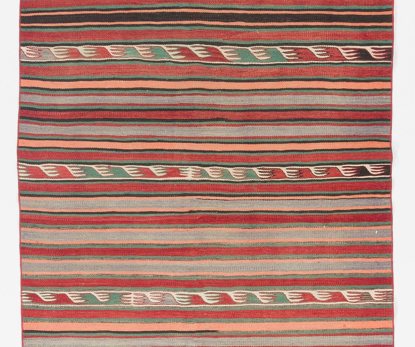 Hand-Woven 4.3x11.4 Ft Colorful Nomadic Kilim Rug, 100% Wool. Vintage Striped Runner Carpet For Sale